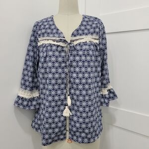 Xhilaration Women's Boho Blue Print 3/4 Sleeve Tassel Tie Front Cardigan